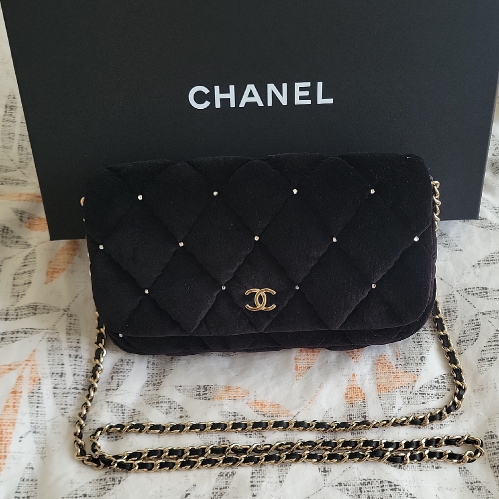Chanel Black Velvet Quilted Clutch with Champagne Gold Chain And Crystals